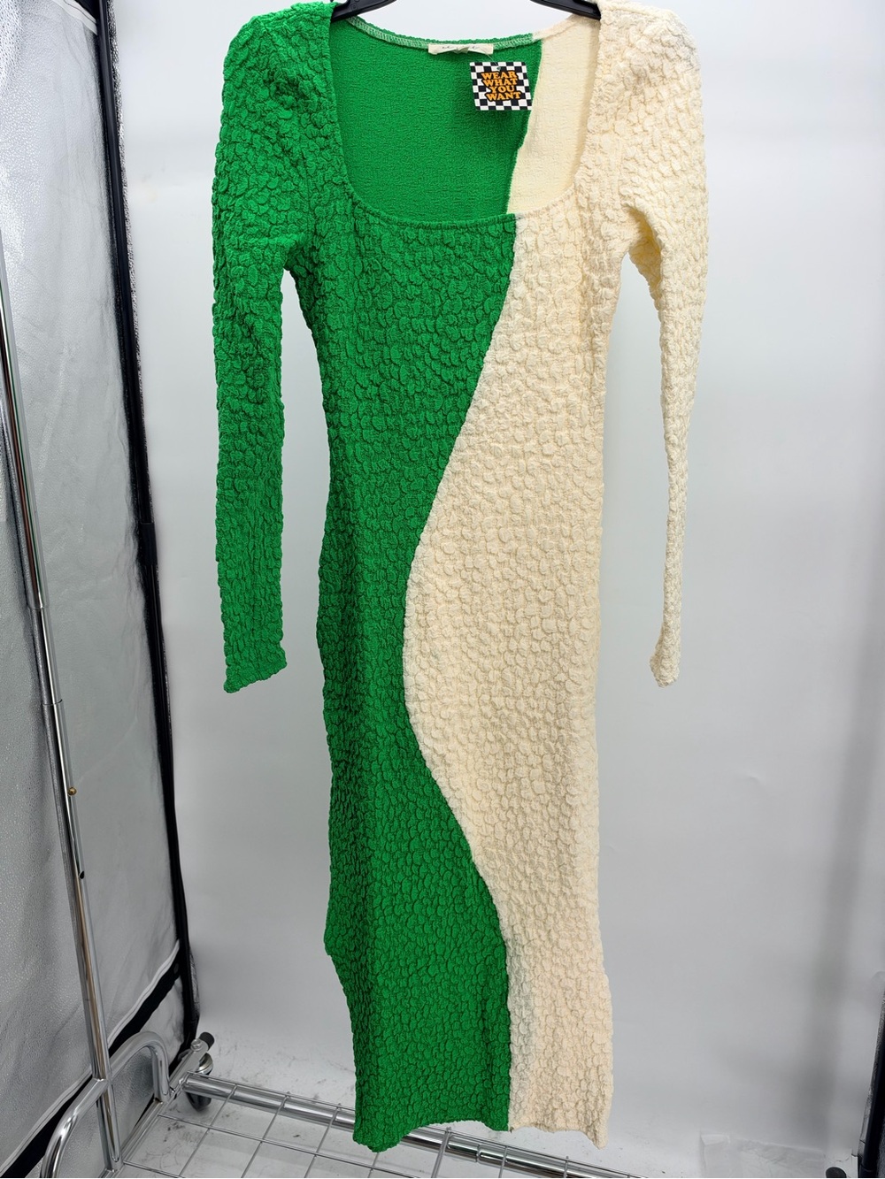 Two-Tone Green and Cream Long Sleeve Textured Maxi Dress